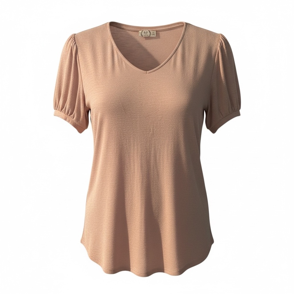 24/7 Comfort Apparel Beige V-Neck Short Sleeve Top